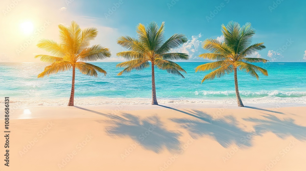 Obraz premium Tropical Paradise. Idyllic White Sand Beach with Coconut Palm Trees and Golden Sunlight at Sunset