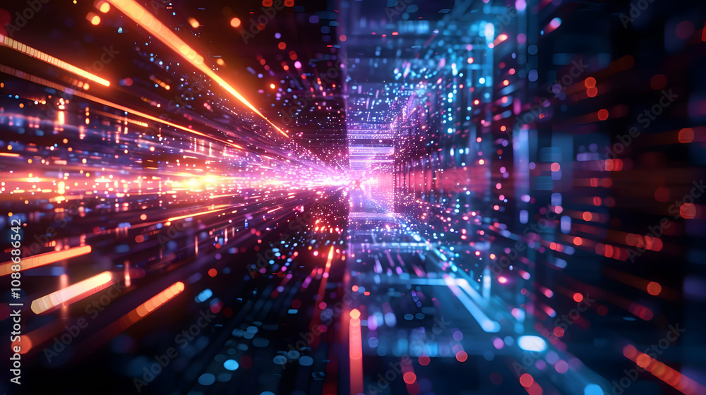 Fototapeta premium Abstract 3D Digital Tunnel Background with Vivid Neon Lights and Glowing Particles in Motion