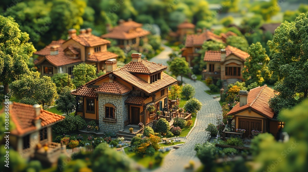A miniature village with charming homes and lush greenery. A miniature village with charming homes and lush greenery.