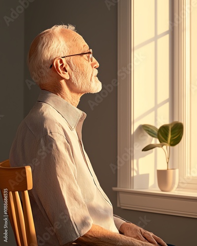 sensitive sadness concept. Thoughtful elderly man gazing out of a window, illuminated by warm sunlight, evoking feelings of reflection and tranquility.