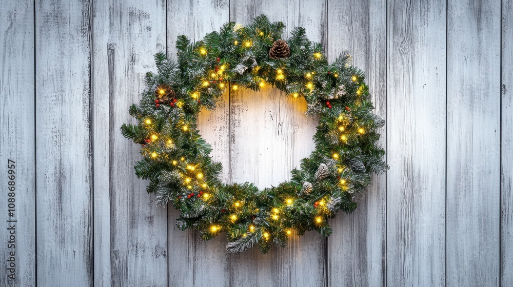 Christmas holiday wreath with illuminated lights on rustic white wood Christmas holiday wreath with illuminated lights on rustic white wood
