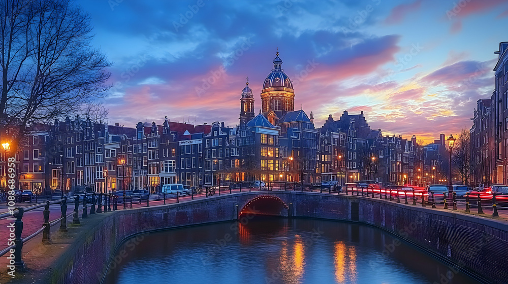Fototapeta premium A picturesque view of a canal in Amsterdam, Netherlands, with a bridge and traditional buildings lit by the setting sun, creating a magical atmosphere.