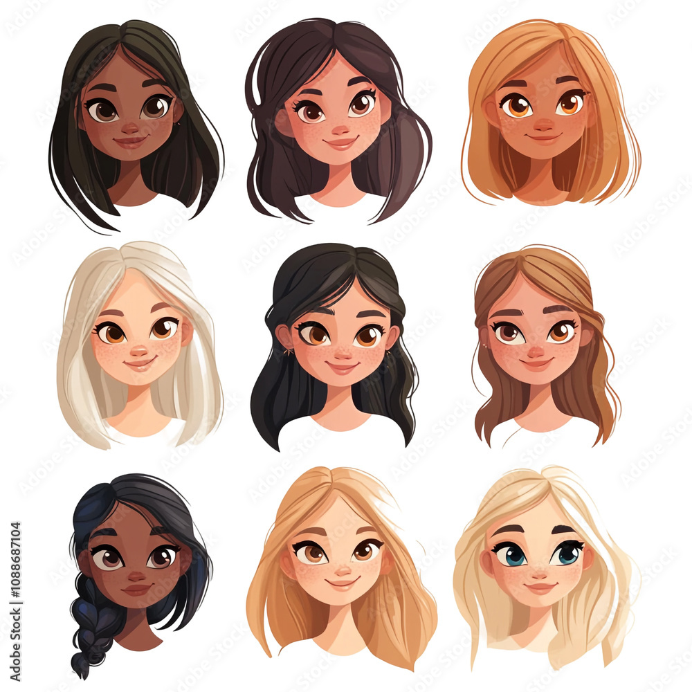 Nine Cute Cartoon Girls With Different Hairstyles And Skin Tones Nine Cute Cartoon Girls With Different Hairstyles And Skin Tones