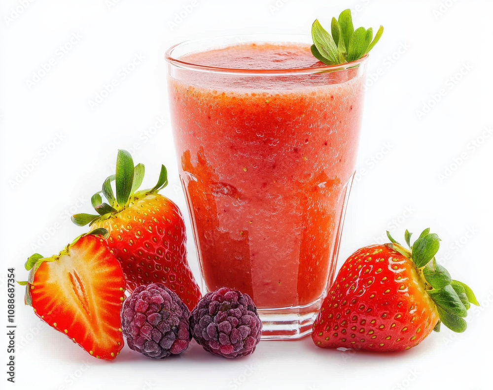 Fresh strawberry and raspberry smoothie in glass, garnished with strawberry. Juicy strawberries and raspberries surround glass, creating vibrant and refreshing scene