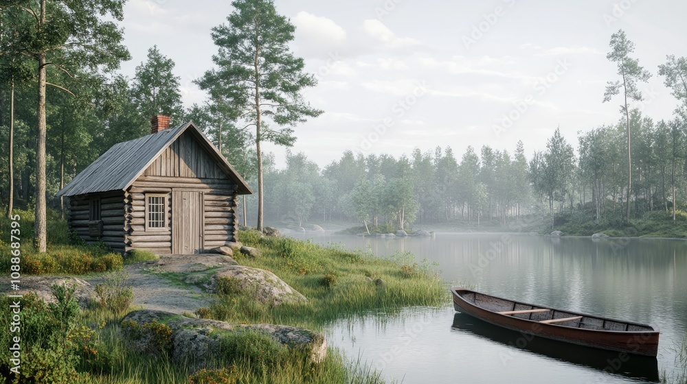 Fototapeta premium Simple wooden fishing cabin on a river, rowboat docked nearby