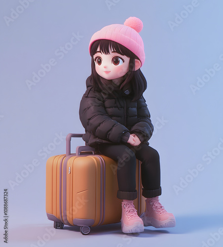 3D render style girl with suitcase