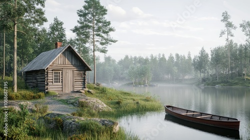 Simple wooden fishing cabin on a river, rowboat docked nearby