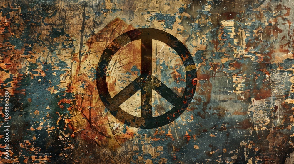 A peace sign on a distressed, weathered background.