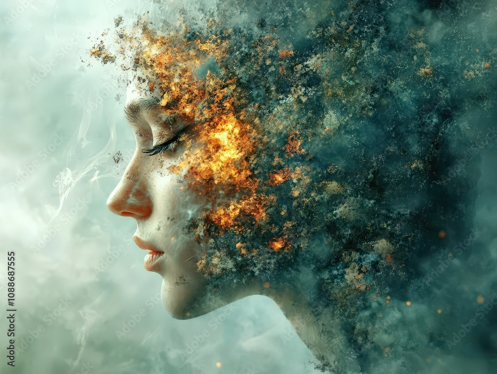 Surreal portrait with fiery elements merging into a mesmerizing face, symbolizing transformation and inner beauty.
