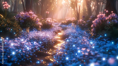 Fototapeta Naklejka Na Ścianę i Meble -  A futuristic garden with bioluminescent plants and holographic flowers 