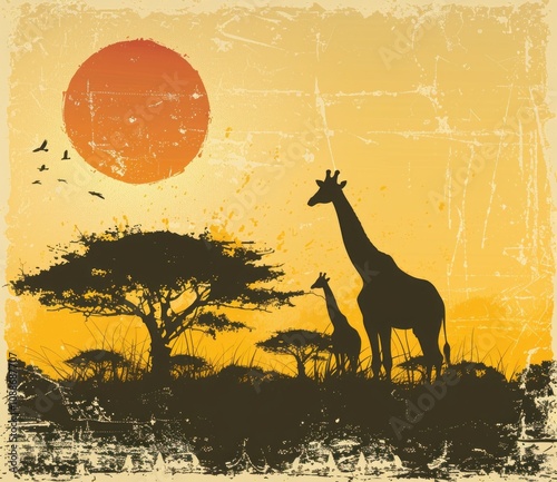 African savanna with giraffes silhouettes vector background, retro style photo