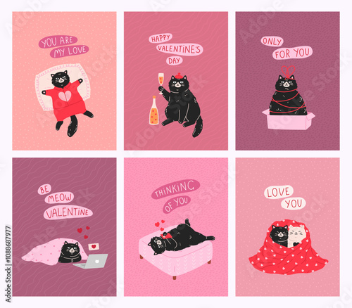 Hand drawn greeting card set of Valentines Day and Love with cute cats. Funny kittens on pillow, chatting online, celebrates with champagne. Cartoon romantic design for print, poster, banner, flyer