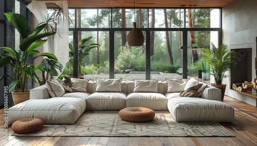 Modern Scandinavian Living Room with Large Windows and White Sofa