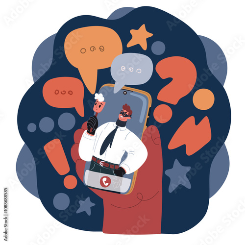 Cartoon vector illustration of a masked scammer on a smartphone screen, symbolizing cybercrime and online threats over dark background