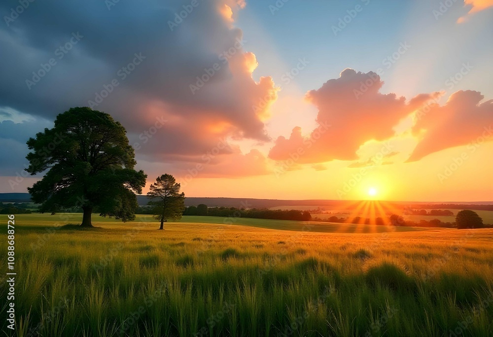 A scenic countryside landscape with a grassy field, trees, and a bright, colorful sky with clouds at sunset A scenic countryside landscape with a grassy field, trees, and a bright, colorful sky with clouds at sunset