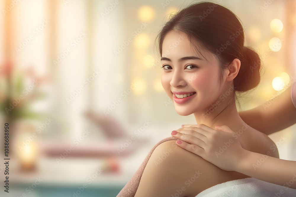 Young Asian woman is enjoying and relaxing after a shoulder massage at a spa. Young Asian woman is enjoying and relaxing after a shoulder massage at a spa.