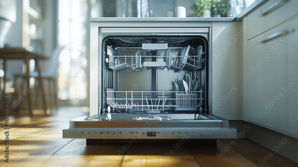 Modern kitchen dishwasher with open door, showing clean dishes inside. Modern kitchen dishwasher with open door, showing clean dishes inside.