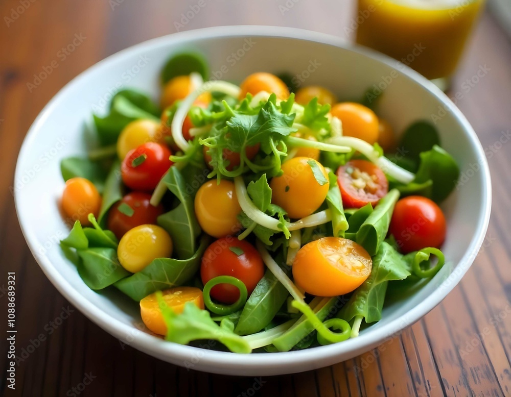 A bowl of mixed greens with colorful veggies and vinaigrette A bowl of mixed greens with colorful veggies and vinaigrette