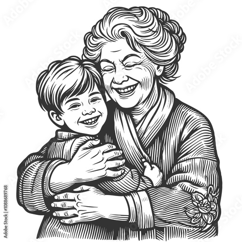 grandmother embracing her young grandson, family love and generational bond sketch engraving generative ai fictional character vector illustration. Scratch board imitation. Black and white image.