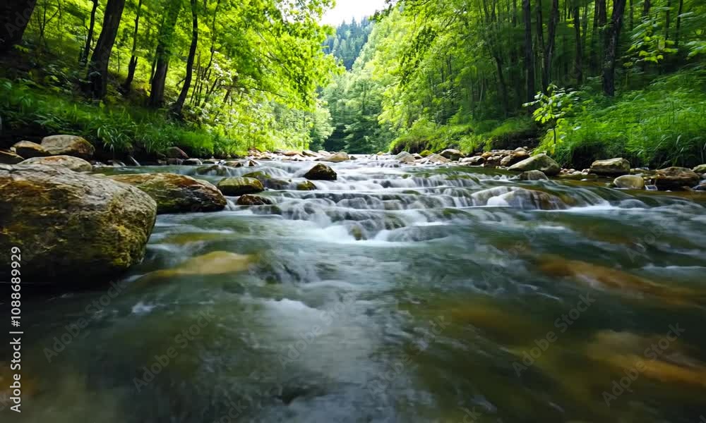 Clear stream flowing through a lush green forest.
