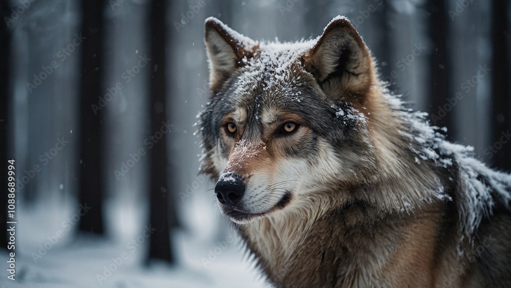 Naklejka premium Portrait of a gray wolf in a winter forest. Close-up