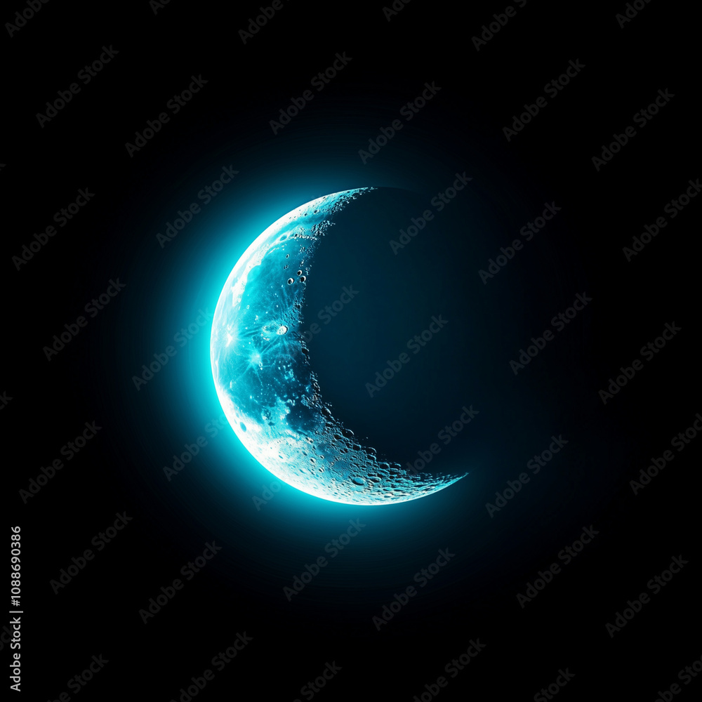 A neon glow crescent moon in soft blue, set against a black background. Perfect for use in banners, night-time or dreamy-themed designs, or as a calming visual element in promotional materials. A neon glow crescent moon in soft blue, set against a black background. Perfect for use in banners, night-time or dreamy-themed designs, or as a calming visual element in promotional materials.
