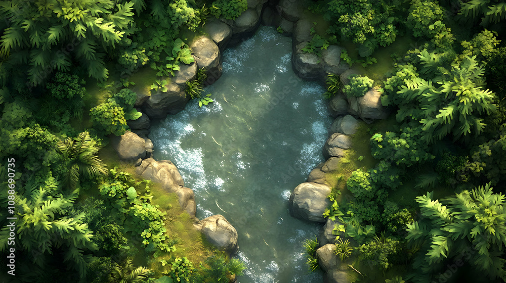 Serene Forest Pond: Lush Greenery, Tranquil Water, Aerial View Serene Forest Pond: Lush Greenery, Tranquil Water, Aerial View