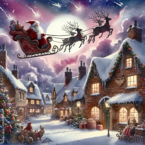 Christmas Village - Santa flying with Sleigh over Village Xmas Eve - Watercolor Winter and Christmas Setting - Greeting Card - Traditional Dickens Style Nostalgic Victorian Painted Illustration
