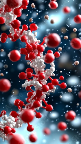 Microscopic DNA Strand Red White Molecules 3D Rendering Science Background