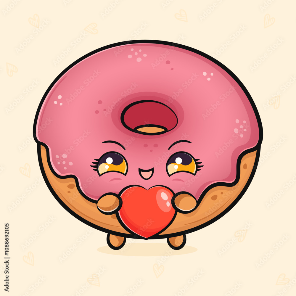 Fototapeta premium Cute funny pink Donut with heart in hand. Vector hand drawn cartoon kawaii character illustration icon. Isolated on light background. Donut character concept