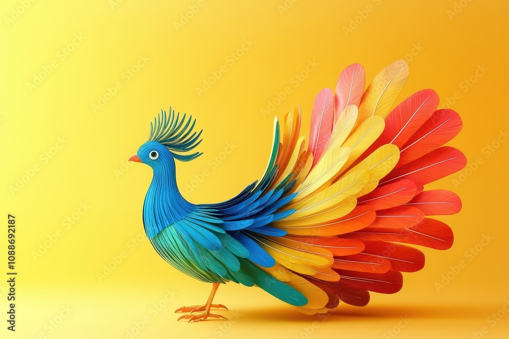 A colorful peacock is standing on a bright background A colorful peacock is standing on a bright background