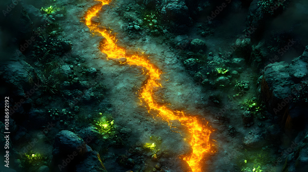 Obraz premium Lava River Flows Through Dark, Mystical Landscape