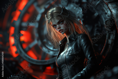 A beautiful girl in steampunk style on a background of gear wheels mechanisms... photo