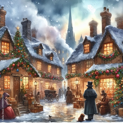 Christmas Village - Santa flying with Sleigh over Village Xmas Eve - Watercolor Winter and Christmas Setting - Greeting Card - Traditional Dickens Style Nostalgic Victorian Painted Illustration