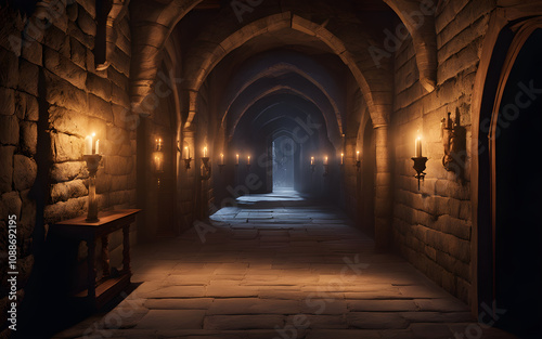 Dimly lit medieval stone castle corridor