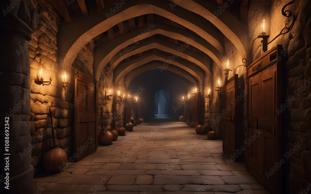 Dimly lit medieval stone castle corridor Dimly lit medieval stone castle corridor