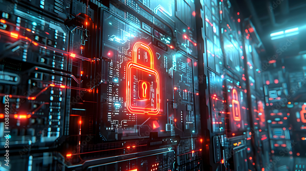Cybersecurity System: Digital Lock Illuminates Network Security in Futuristic 3D Illustration Cybersecurity System: Digital Lock Illuminates Network Security in Futuristic 3D Illustration