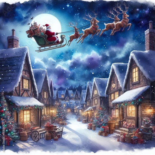 Christmas Village - Santa flying with Sleigh over Village Xmas Eve - Watercolor Winter and Christmas Setting - Greeting Card - Traditional Dickens Style Nostalgic Victorian Painted Illustration
