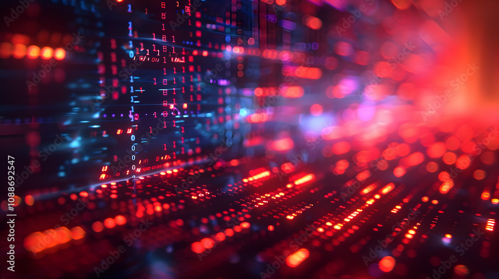 Abstract Digital Data Stream: Binary Code Flows Across Red and Blue Illuminated Keyboard, Creating a Futuristic Tech Background Abstract Digital Data Stream: Binary Code Flows Across Red and Blue Illuminated Keyboard, Creating a Futuristic Tech Background