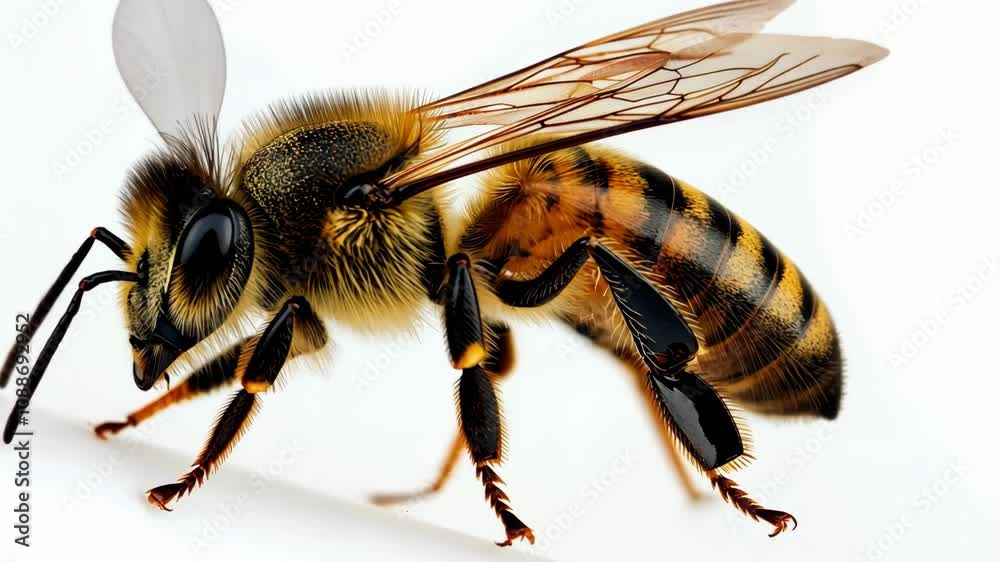 A single honeybee is shown in a detailed macro photograph against a bright white backdrop