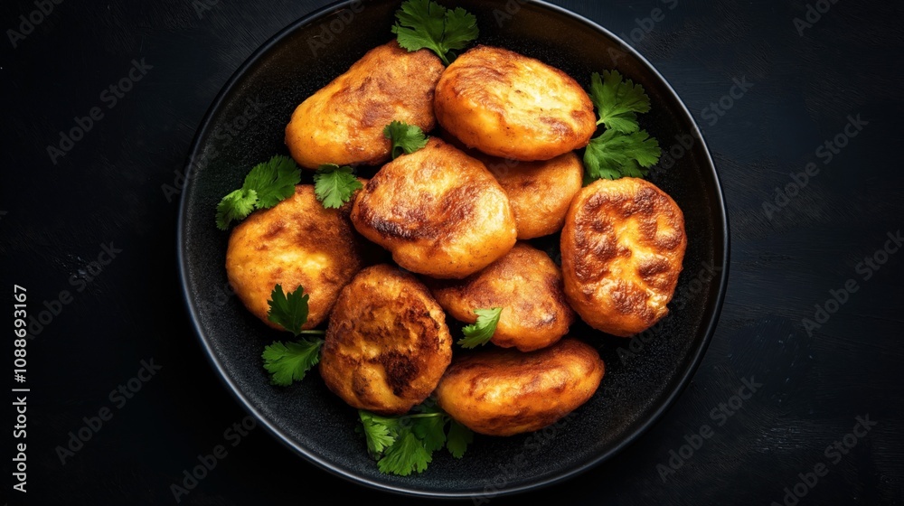 Plate of golden-brown fried potato patties with fresh green cilantro leaves on a black surface Plate of golden-brown fried potato patties with fresh green cilantro leaves on a black surface