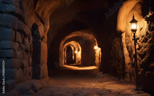 Narrow medieval catacomb passage photo