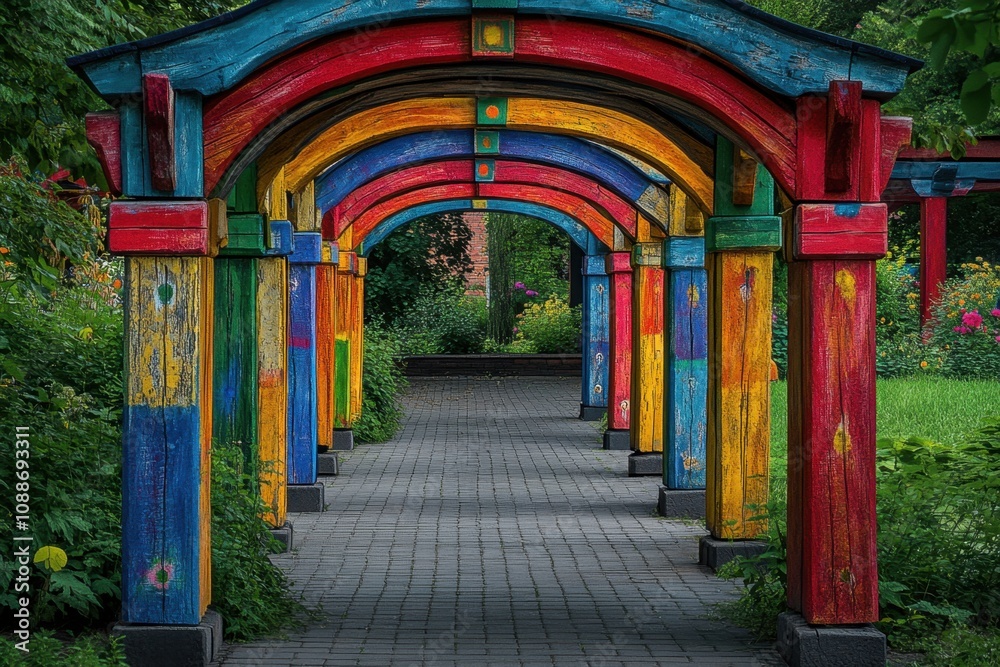 A colorful archway with a walkway underneath it A colorful archway with a walkway underneath it