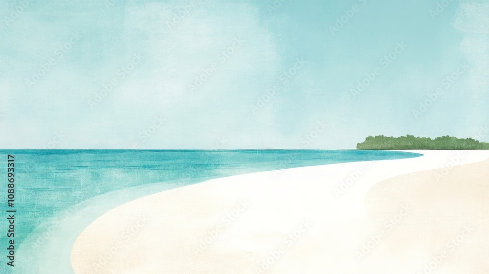 Obraz premium A watercolor painting of a beach with white sand and blue water. The horizon is a hazy blue and there is a small island with trees in the distance.