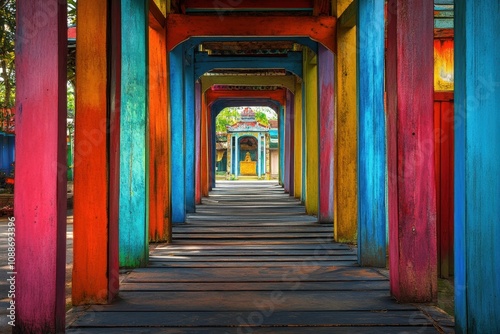 A colorful archway with a walkway underneath it