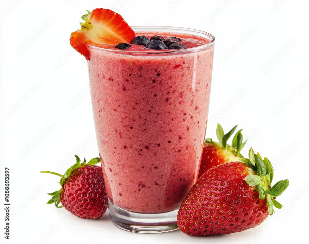 Fresh strawberry smoothie topped with blueberries and garnished with strawberry. This vibrant drink is perfect for refreshing treat Fresh strawberry smoothie topped with blueberries and garnished with strawberry. This vibrant drink is perfect for refreshing treat