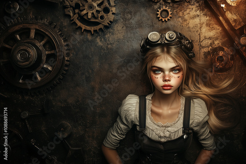 A beautiful girl in steampunk style on a background of gear wheels mechanisms... photo