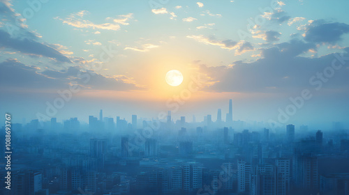 A Digital Painting of a Cityscape with a Large Sun in the Sky