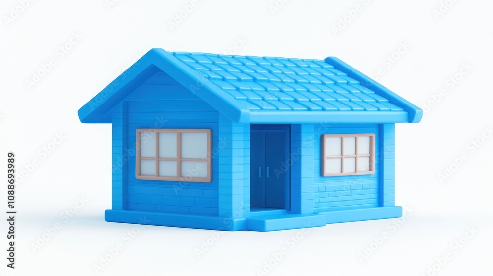 A 3D blue toy house with windows and a door, designed for playful representation. A 3D blue toy house with windows and a door, designed for playful representation.