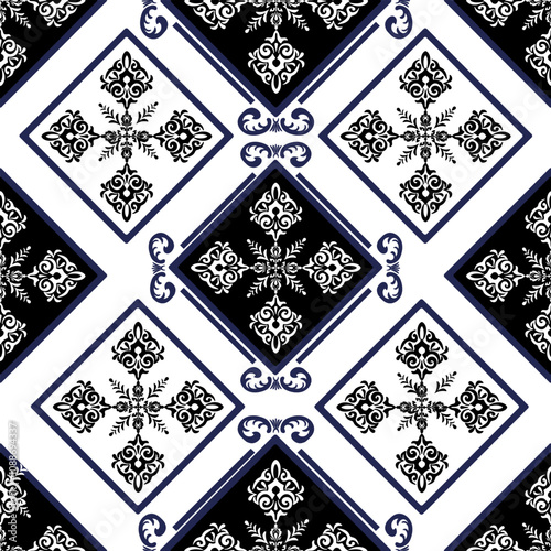 Bright blue and white geometric shapes blend together to form a complex seamless pattern on a cloth-like surface. Reminiscent of traditional cultural heritage